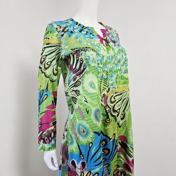 Raj Tunic Top Size L Womens Floral Embroidered Long Sleeve Cover-Up Bohemian - Picture 6 of 9
